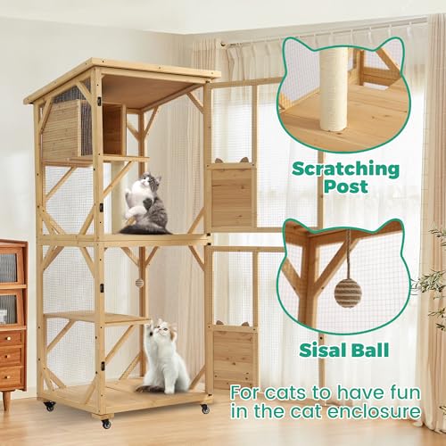 71" 4 Tiers Wooden Cat Enclosure with Wheels and Waterproof Roof (Black) I9114