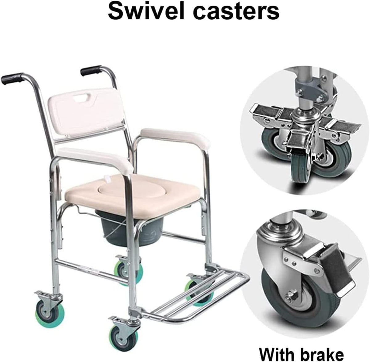Shower Commode Chair with Wheels, 3 in 1 Shower Wheelchair with Anti Skid Arms 4 Locking Casters Detachable Bucket Shower Chair B715718