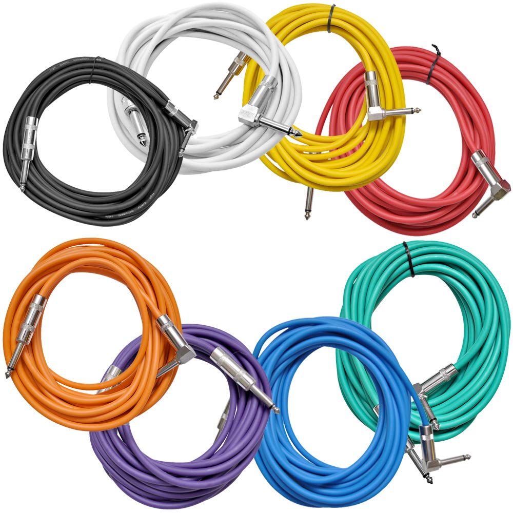 8 Pack of 20 Foot Multi-Color 1/4 Inch TS Right Angle to Straight Guitar Cables S19504