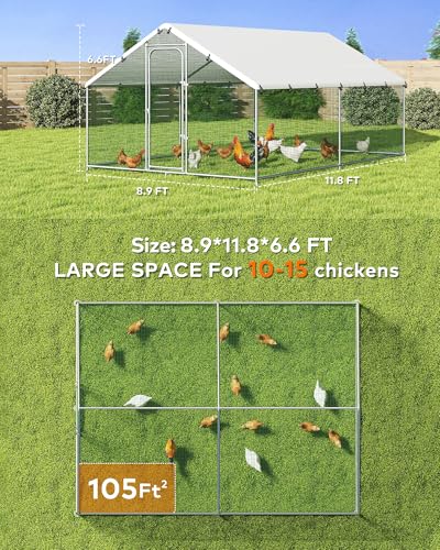Large Metal Chicken Coop Run with Spire Roof Outdoor Poultry Cage with Waterproof UV-Resistant Cover (8.9’ W x 11.8’ L x 6.6’ H) H441