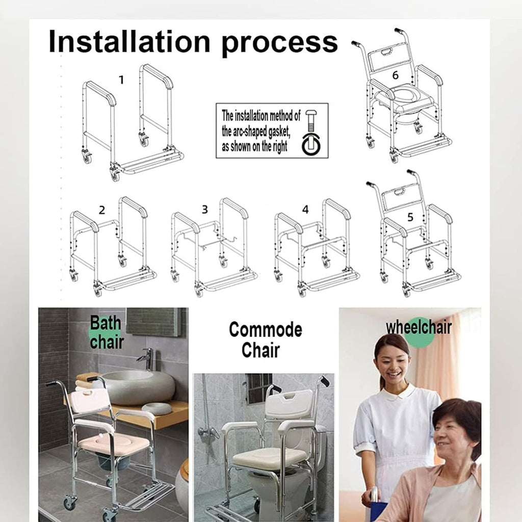 Shower Commode Chair with Wheels, 3 in 1 Shower Wheelchair with Anti Skid Arms 4 Locking Casters Detachable Bucket Shower Chair B715718