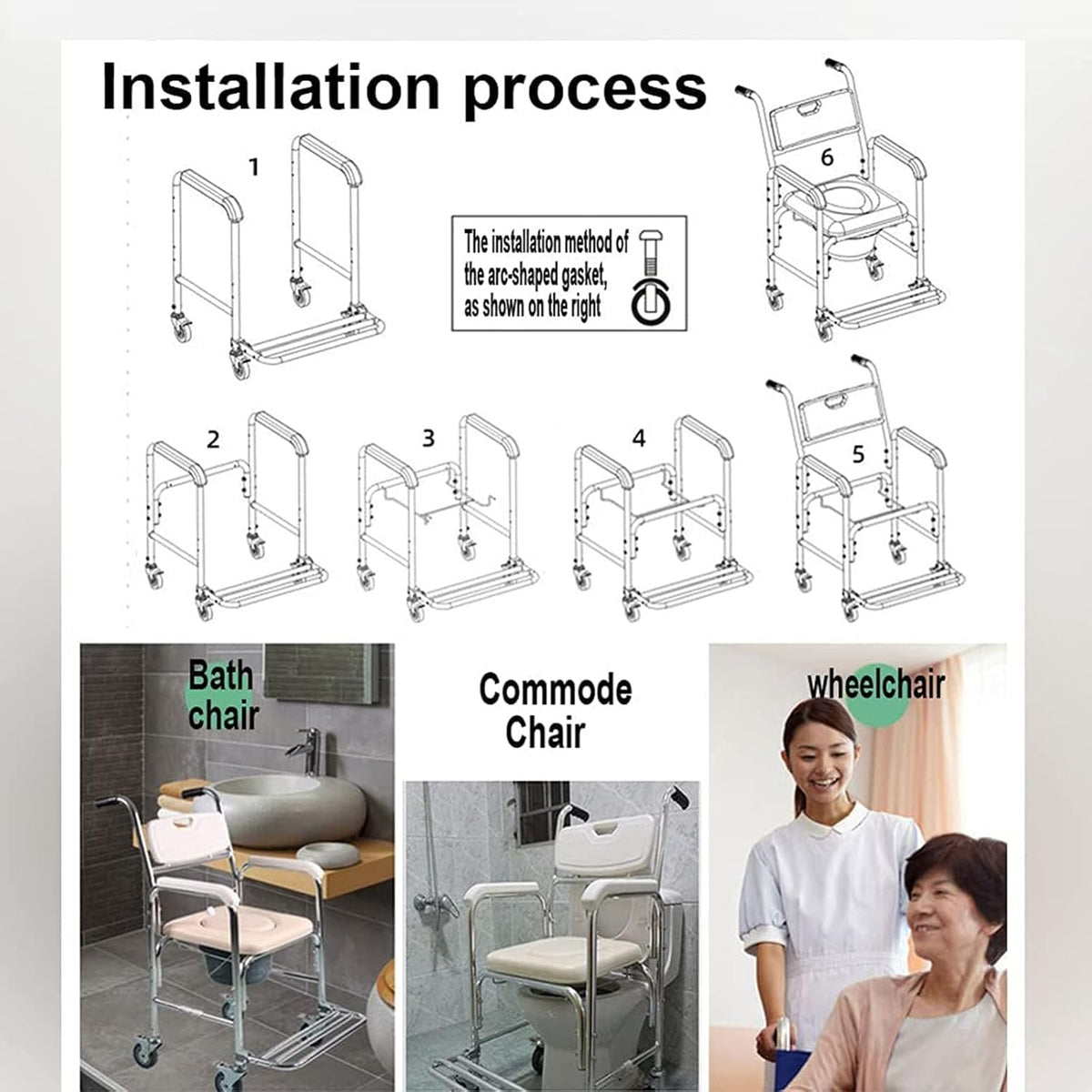 Shower Commode Chair with Wheels, 3 in 1 Shower Wheelchair with Anti Skid Arms 4 Locking Casters Detachable Bucket Shower Chair B715718