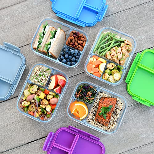 Glass Lunch Box with Airtight Lid 3-Compartment 5 Cup Capacity Gray W25624