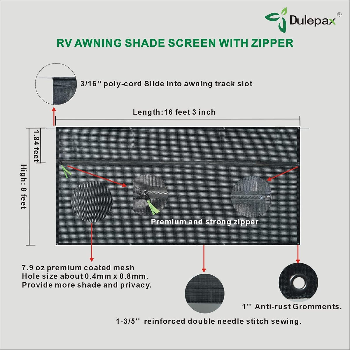 RV Awning Shade Screen with Zipper 8'X15'3'' Z5602