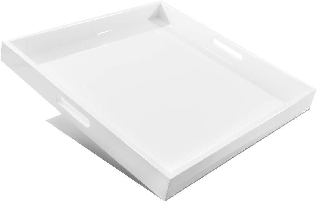Glossy White Wooden Square Serving Tray with Handles, 20x20x2-Inch, Pack of 2 N231