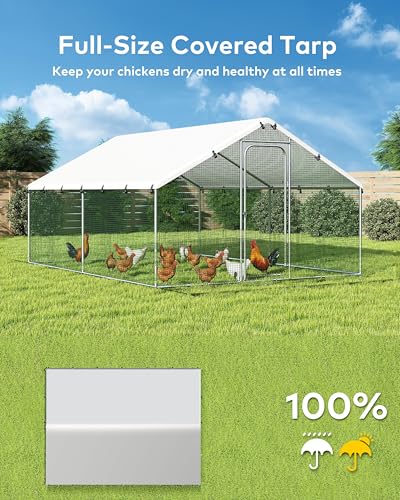 Large Metal Chicken Coop Run with Spire Roof Outdoor Poultry Cage with Waterproof UV-Resistant Cover (8.9’ W x 11.8’ L x 6.6’ H) H441