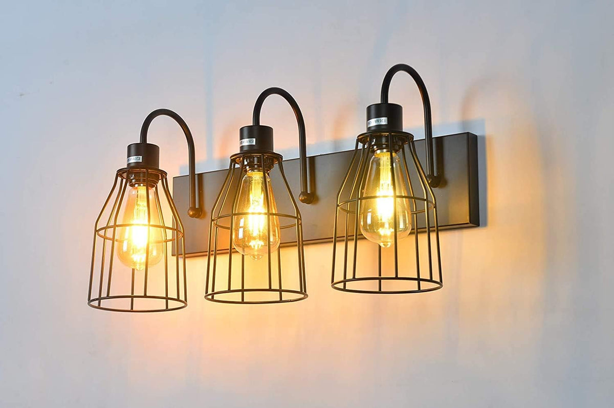 Black 3 Lights Metal Cage Bathroom Vanity Light W7084
