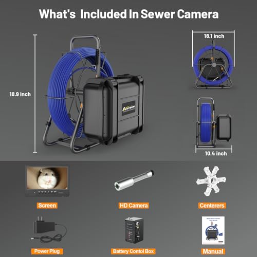 Self-Leveling Sewer Camera 100FT, 9" HD Screen Pipe Borescope Drain Inspection with 12pcs LED Light, DVR Recorder with 32GB Card, IP68 Waterproof Plumbing Cam, 7mm Cable with Depth Marker Q75765
