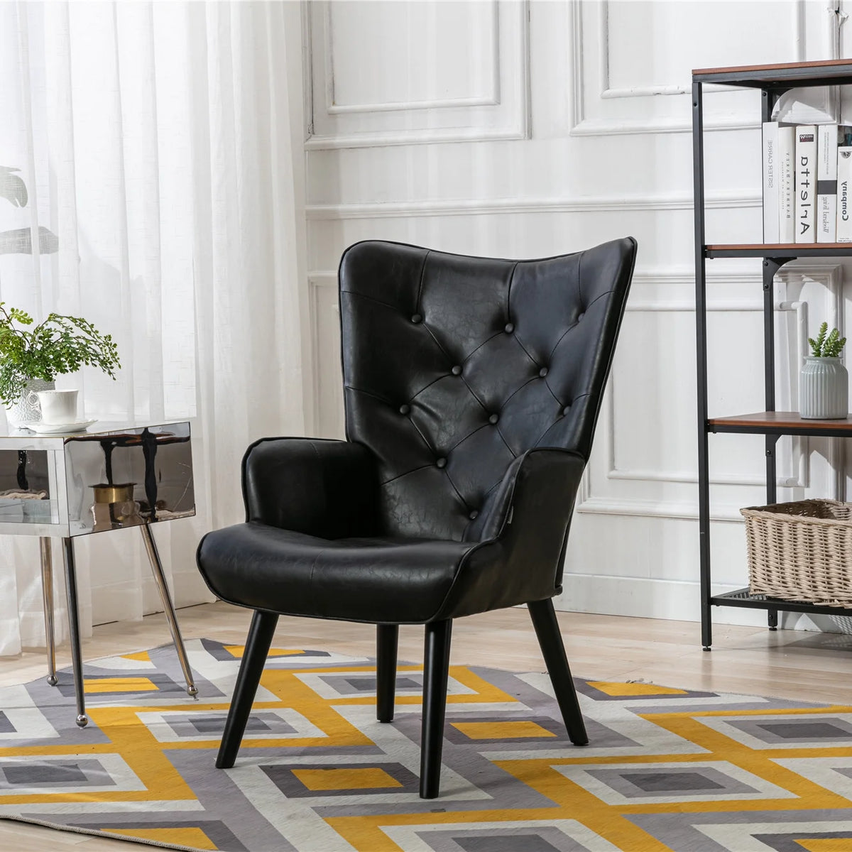 Black PU Leather Tufted Accent Chair with Wood Legs Y123