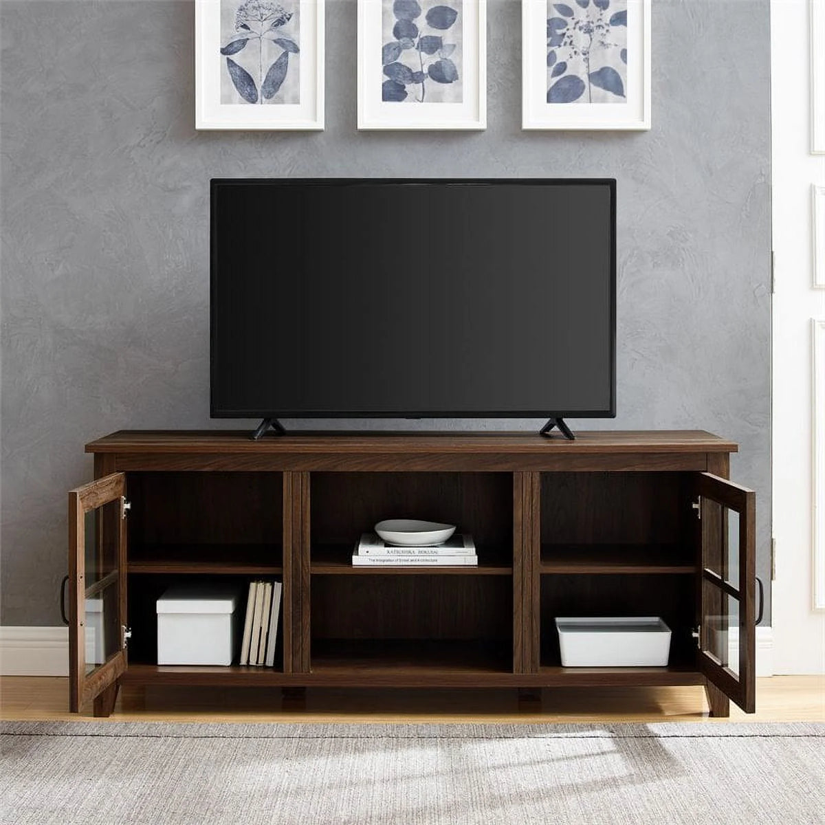 Glass Door TV Console Dark Walnut D24693