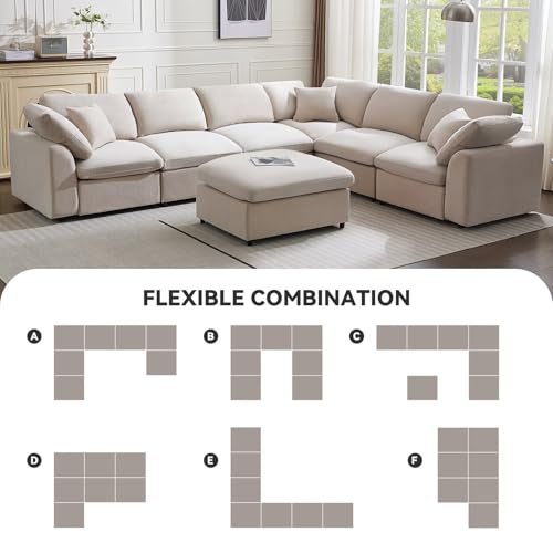 Cream Modular Sectional Sofa with Ottoman 7 Seater L-Shaped X8467