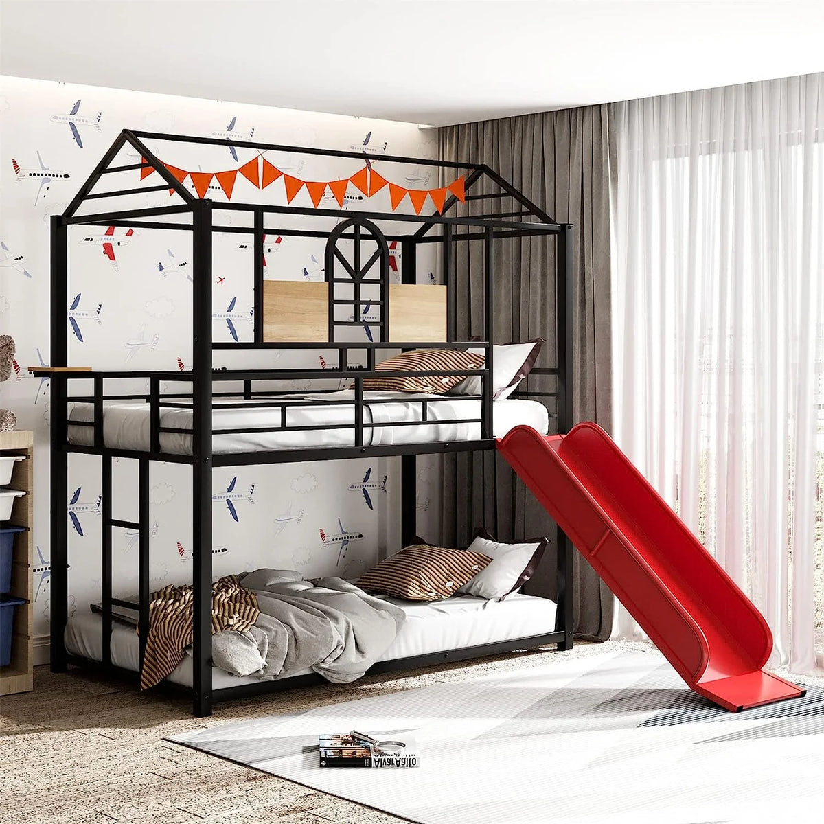 Twin Over Twin Metal Bunk Bed with Slide Q681