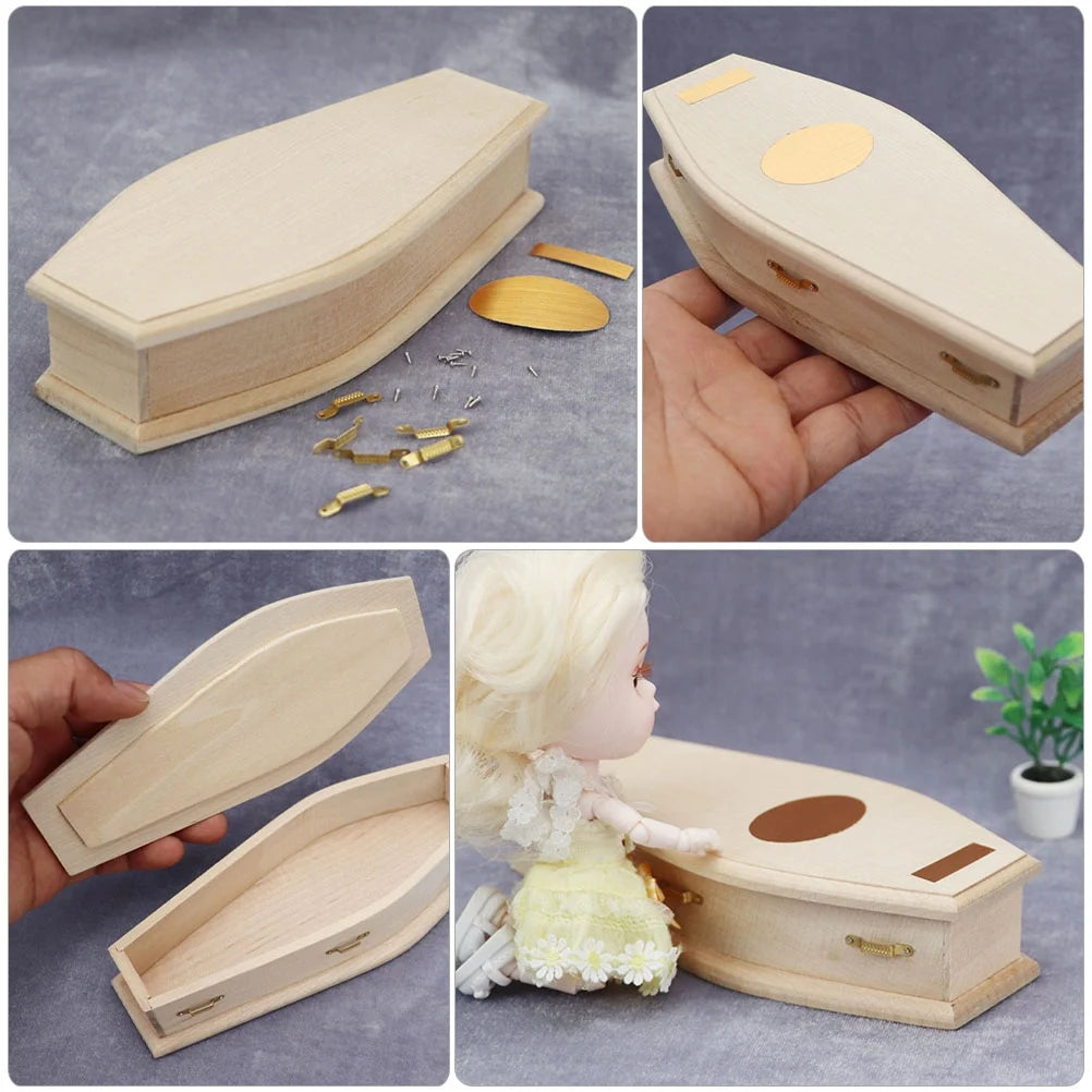 Miniature Coffin Wood Doll House Decoration G764549