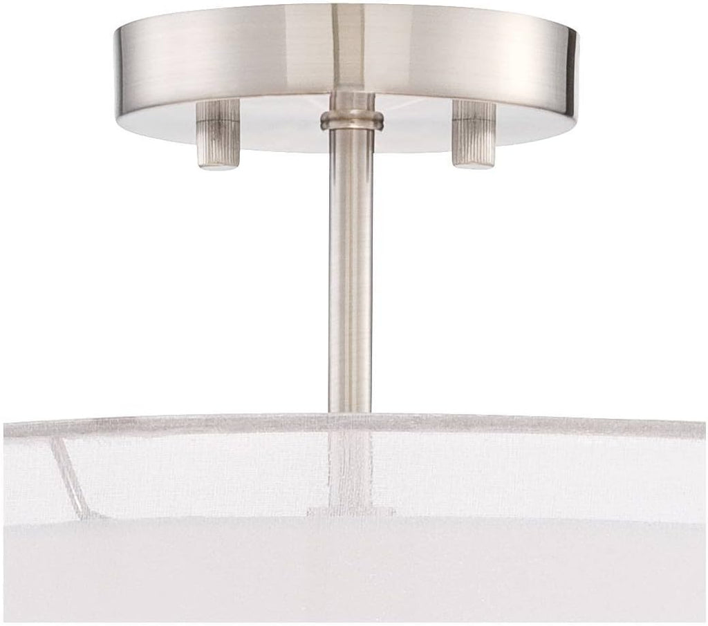 Semi Flush Mount Ceiling Light Brushed Nickel 18 Wide 5-Light White Linen Double Drum Shade S184