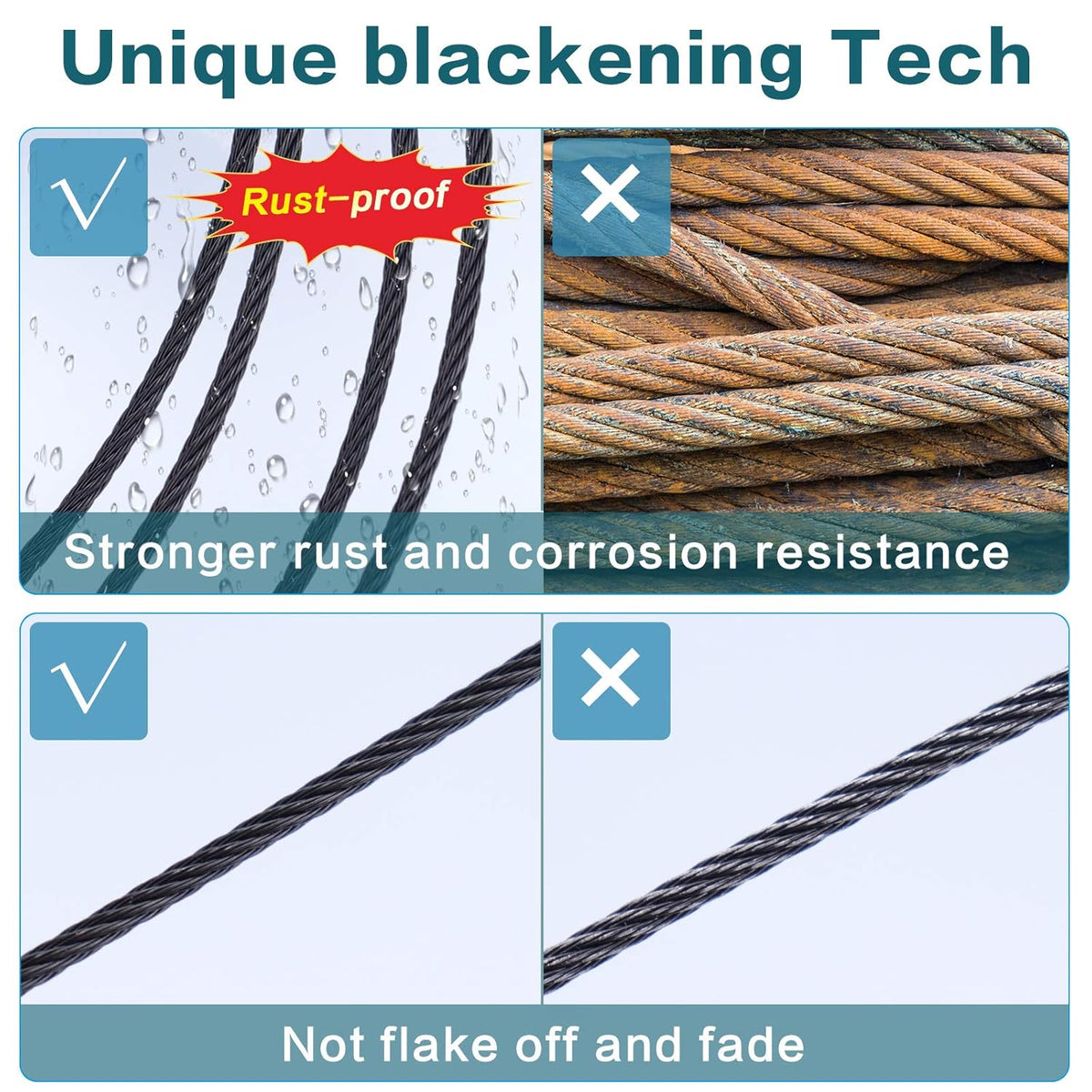250ft 1/8 Black Wire Rope T316 Stainless Steel Marine Grade 7x7 Strand E234461