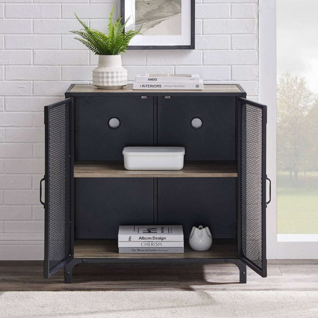 Urban Industrial Accent Cabinet with Mesh Gray Wash O8662
