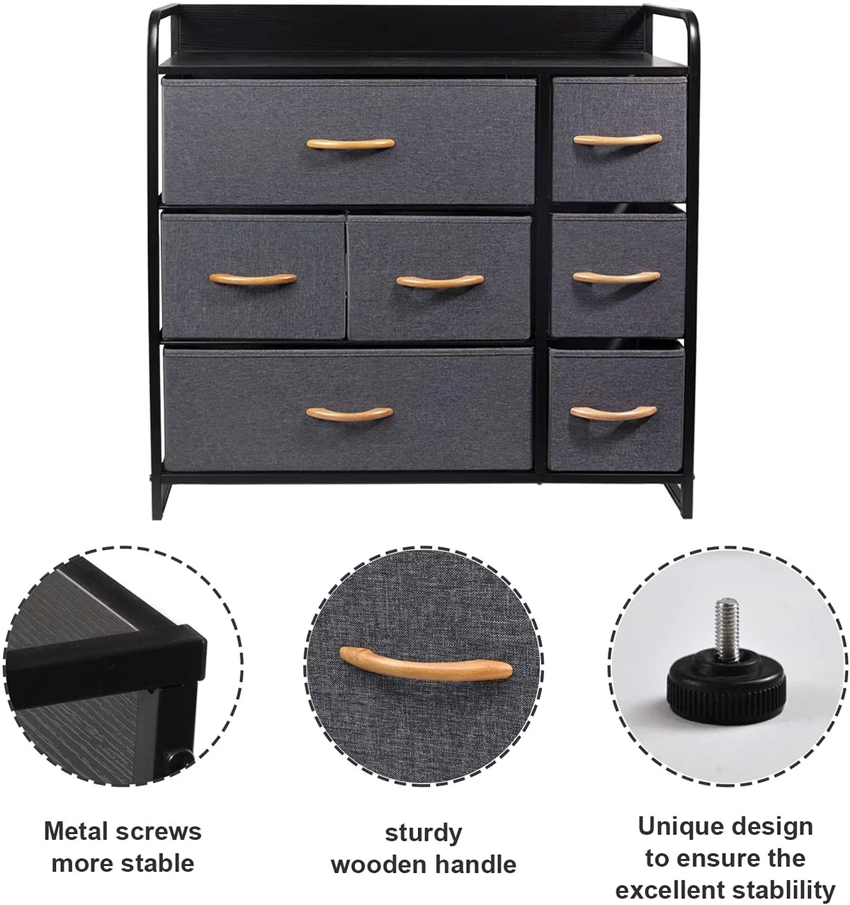 Fabric Storage Dresser with 7 Drawers, Metal Frame and Wooden Top, Dark Grey R56311