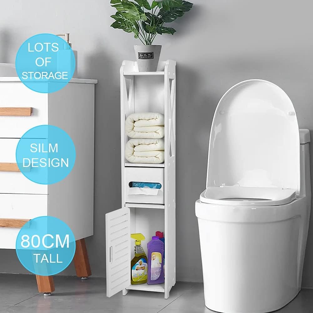 White Bathroom Floor Cabinet Storage Organizer, 31.5 x 6.1 x 5.9 inch J25638