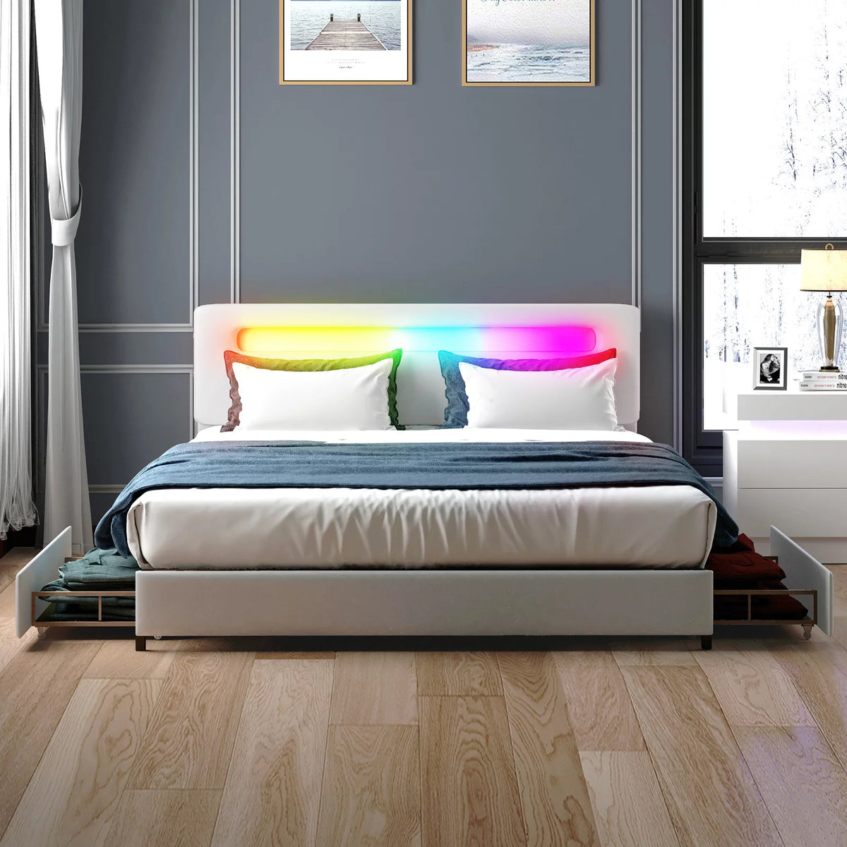 King Bed Frame with 4 Storage Drawers, Adjustable Headboard, White T43213