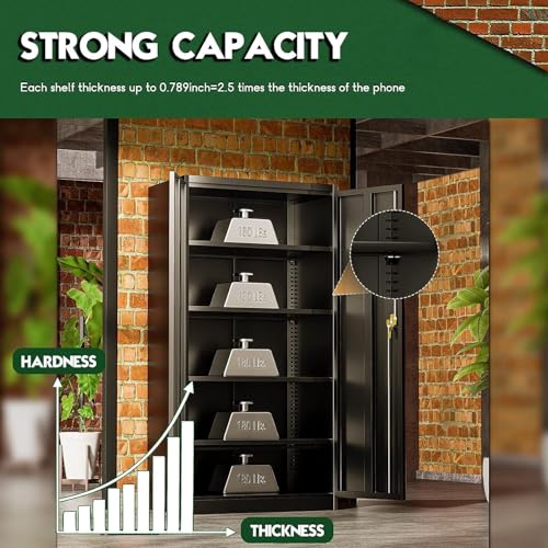 72" Black Locking Metal Storage Cabinet with Doors and 4 Adjustable Shelves G653