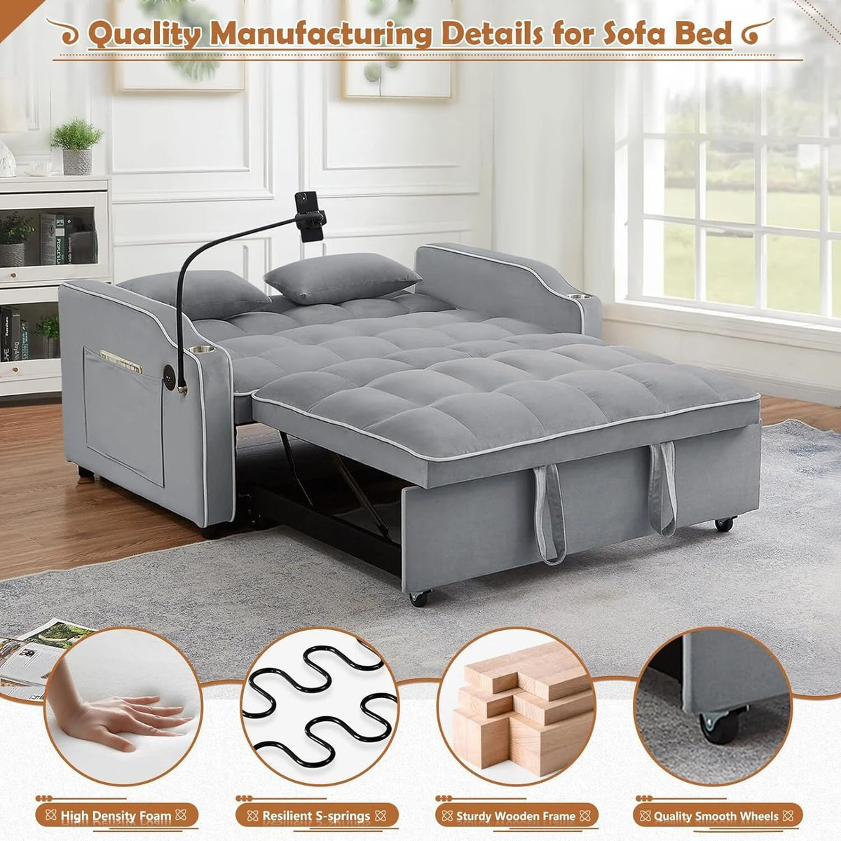 55" Tufted Velvet Convertible Sofa Bed L9422