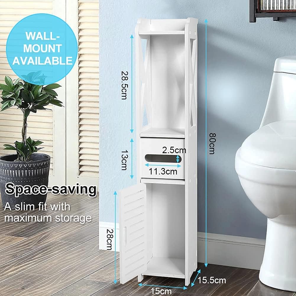 White Bathroom Floor Cabinet Storage Organizer, 31.5 x 6.1 x 5.9 inch J25638