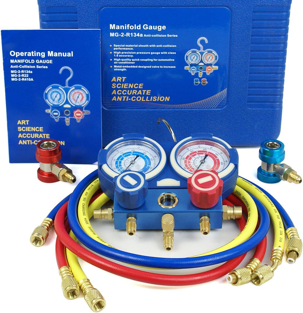 A/C Manifold Gauge Set R134a Refrigeration Kit Brass 4FT w/Case, 1/4 SAE Fittings G335