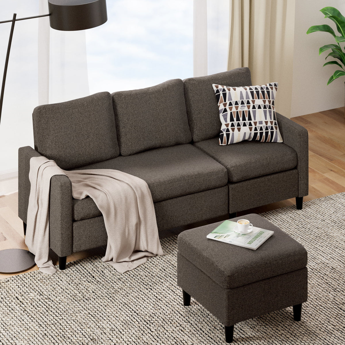 Dark Grey Convertible Sectional Sofa with Reversible Chaise I53941