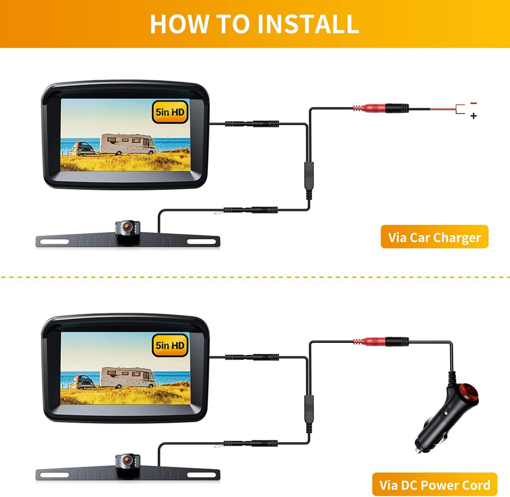 5 Monitor with 1080P Backup Camera for Truck, License Plate 149° Rear View Kits, IP69 Waterproof, Wired Pack of 2 I10939
