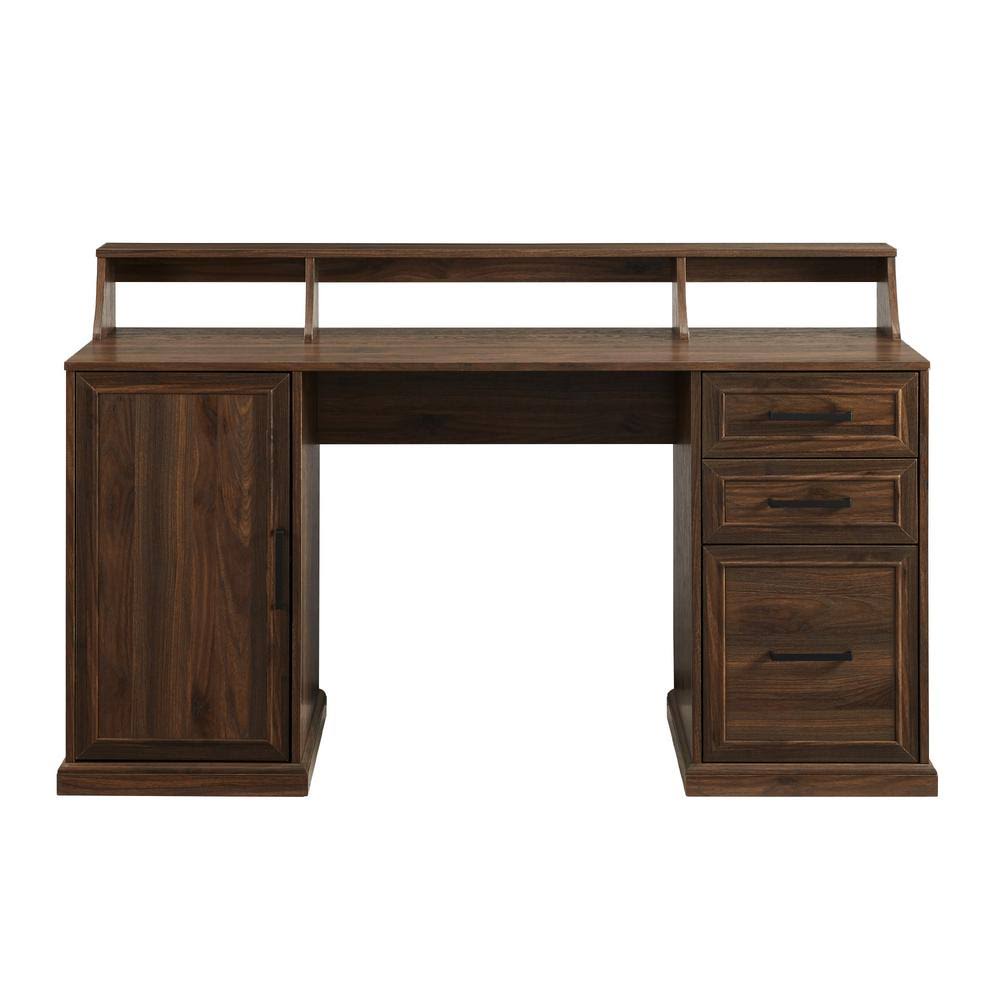 Dark Walnut Wood 3-Drawer Pedestal Writing Desk with Hutch U711
