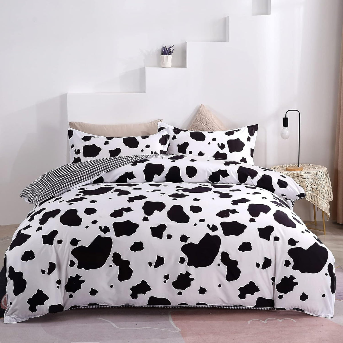 Twin Reversible White and Black Cow Duvet Cover Bedding Set with Zipper J12012