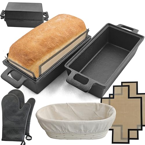 2-In-1 Cast Iron Loaf Pan Rectangular Baking Pan with Banneton Bread Proofing Basket Set L5597