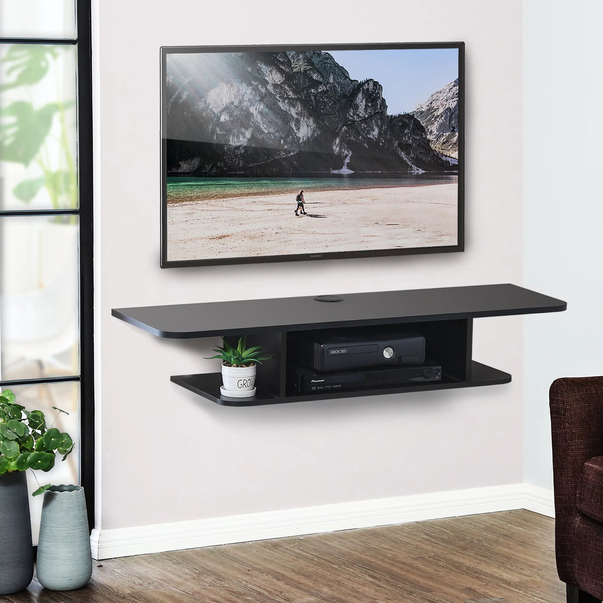 Black Wall Mounted Floating TV Shelf Media Console N645475
