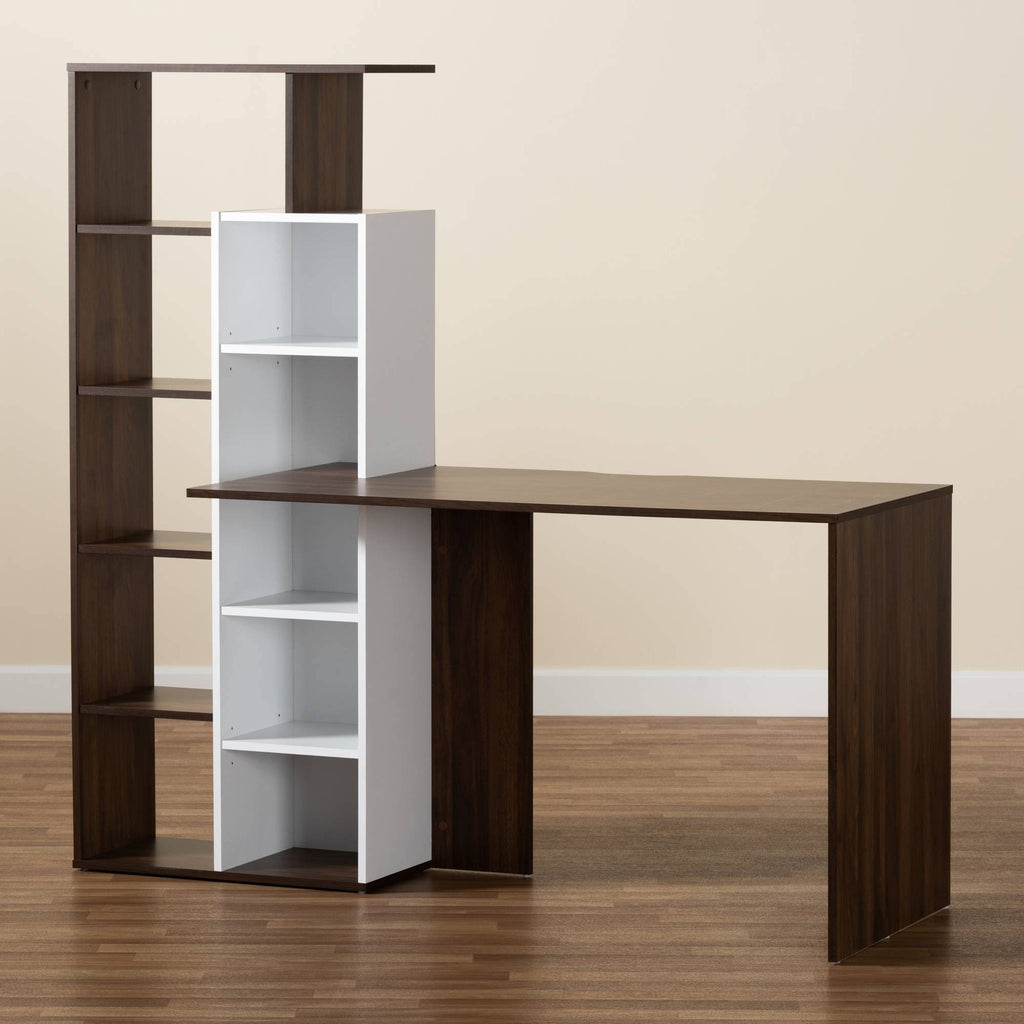 White & Walnut Brown Wood Storage Computer Desk with Shelves U970320