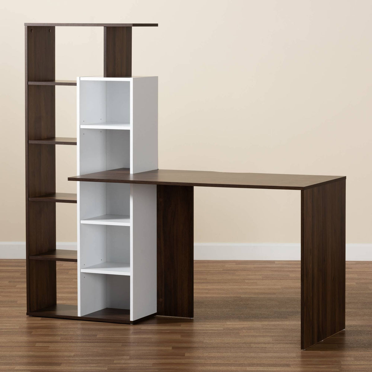 White & Walnut Brown Wood Storage Computer Desk with Shelves U970320