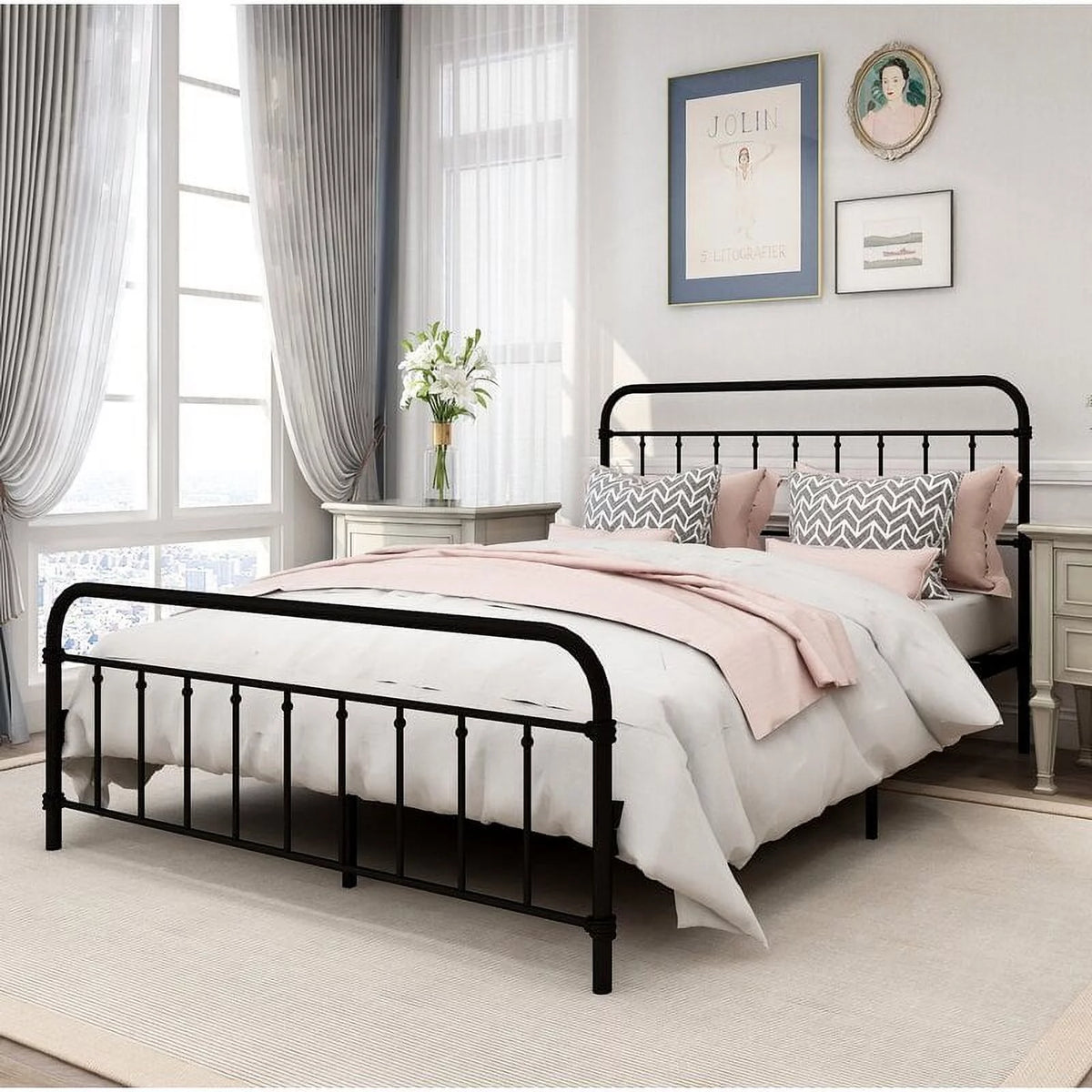 Metal Twin Bed Frame with Headboard and Footboard P59568