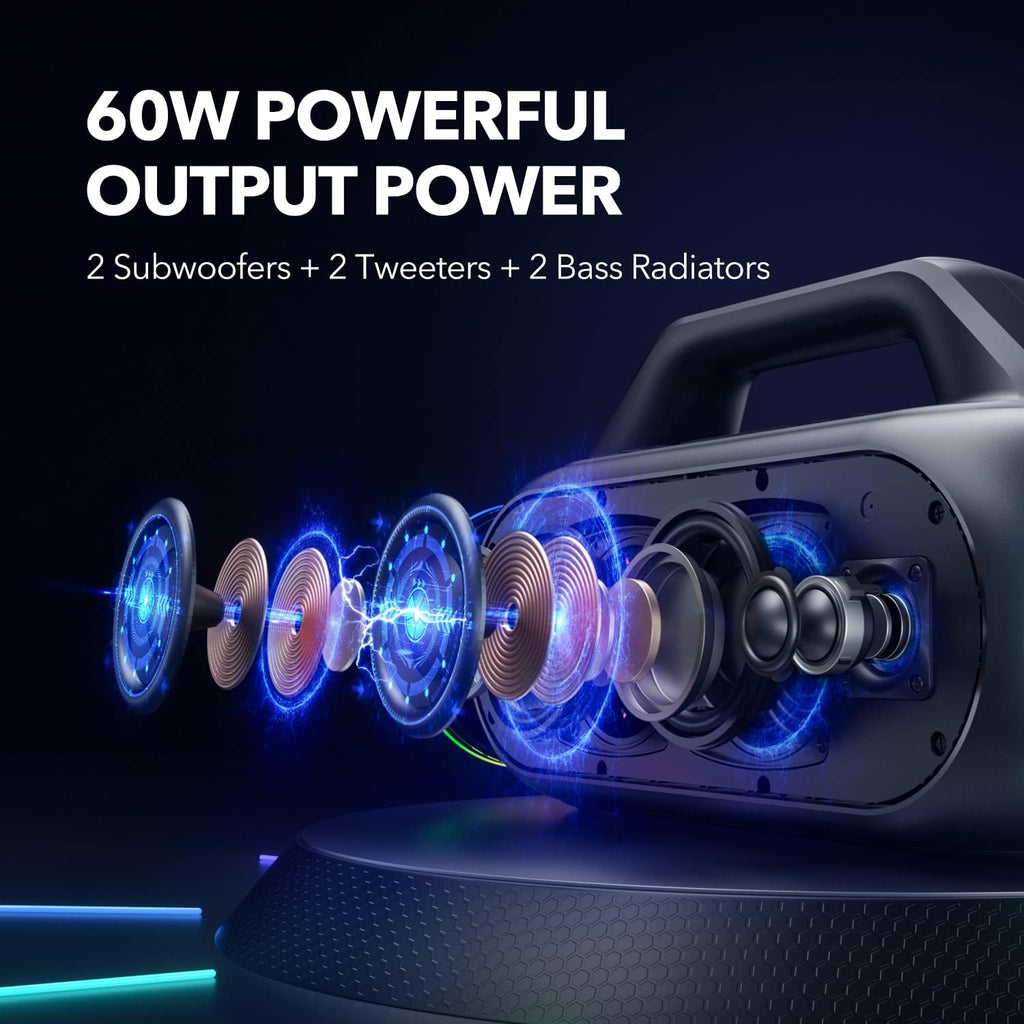 Portable Bluetooth Speaker with 2 Subwoofers, 2 Tweeters, LED Light, IPX7 Waterproof, 24H Playtime, 60W F70548