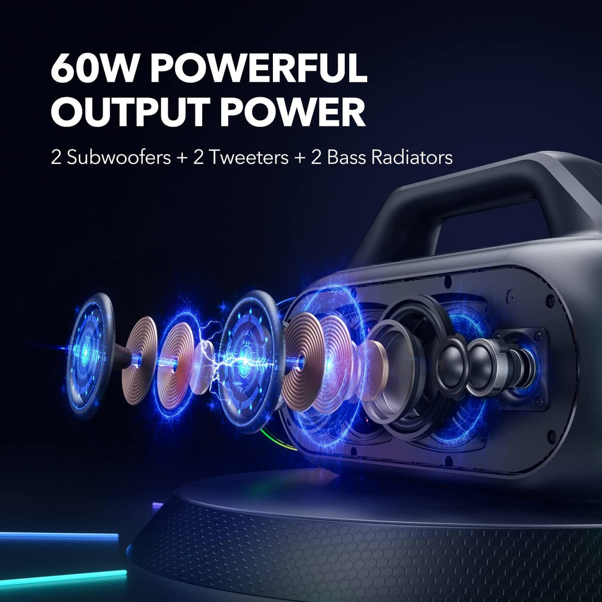 Portable Bluetooth Speaker with 2 Subwoofers, 2 Tweeters, LED Light, IPX7 Waterproof, 24H Playtime, 60W F70548