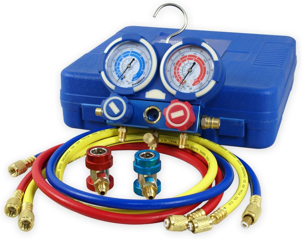 A/C Manifold Gauge Set R134a Refrigeration Kit Brass 4FT w/Case, 1/4 SAE Fittings G335
