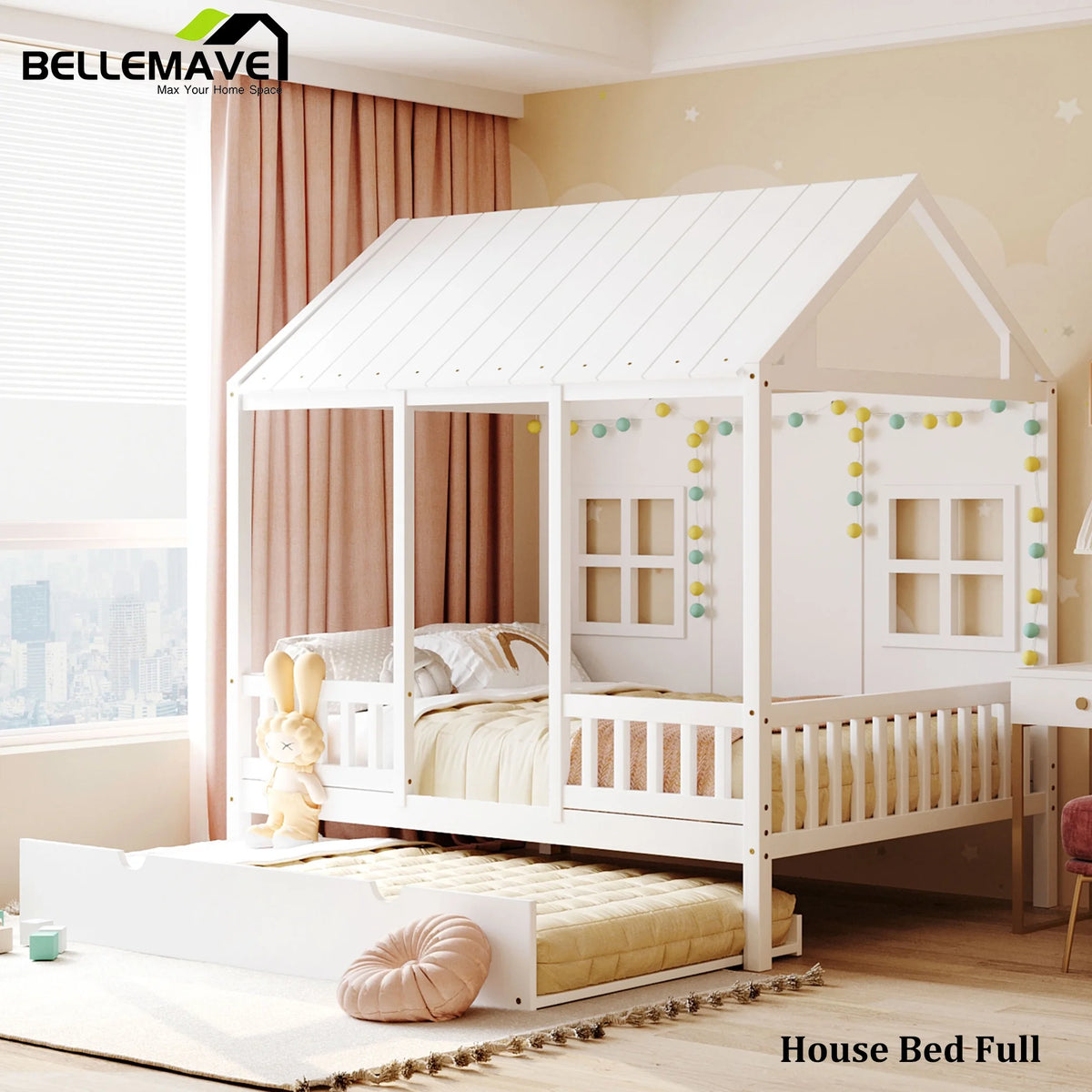 White Wood House Bed Frame with Trundle G7851