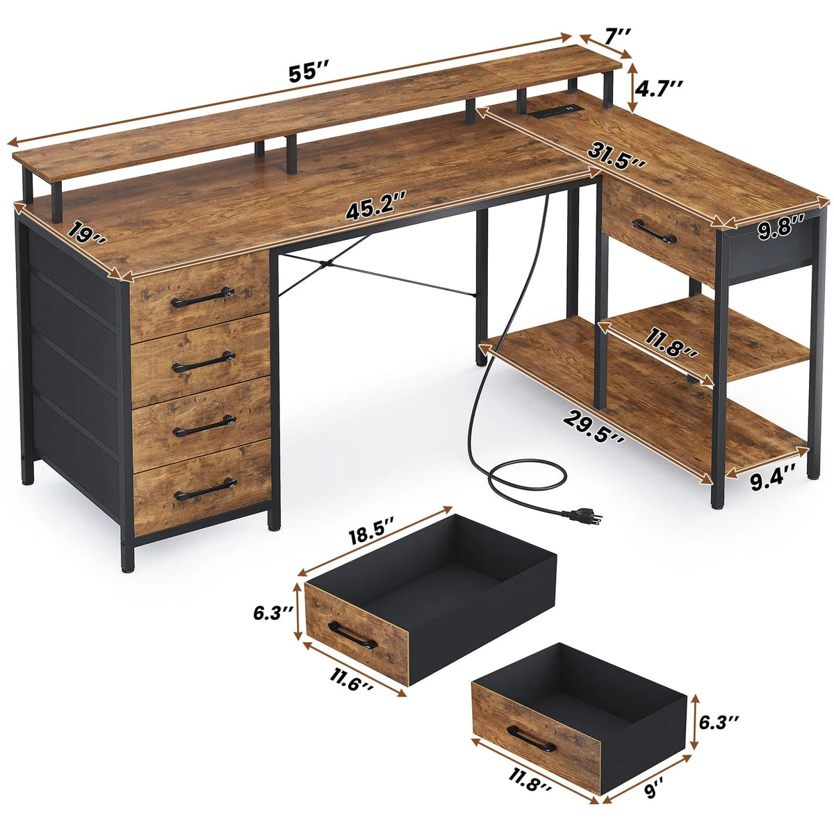 L Shaped Desk with LED Lights and Power Outlets H54234