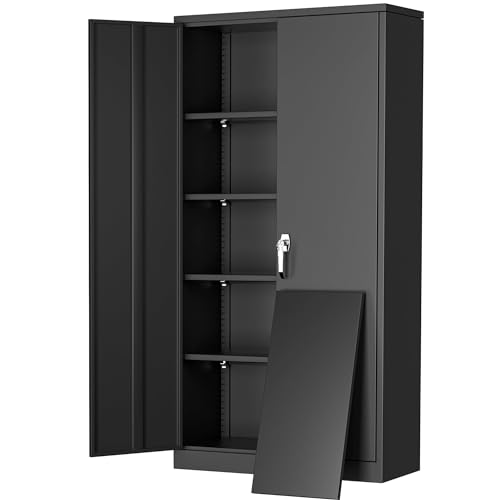 72" Black Locking Metal Storage Cabinet with Doors and 4 Adjustable Shelves G653