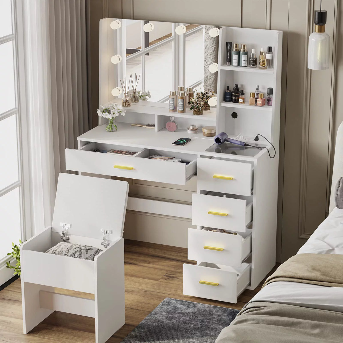 White Vanity Set with Mirror and Lights J660334