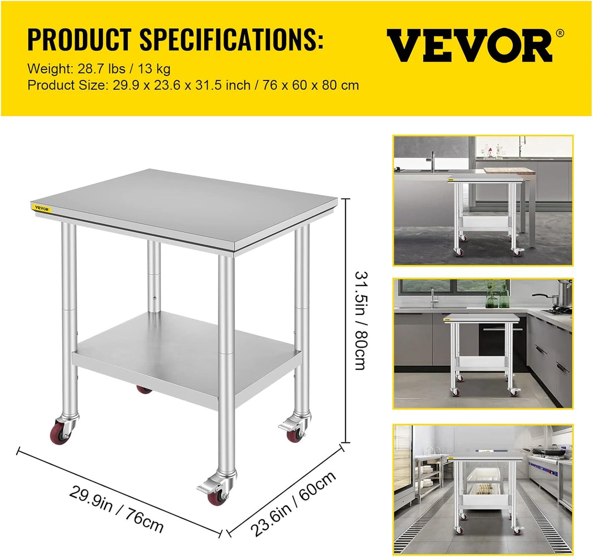 Stainless Steel Work Table with Wheels 24 x 30 x 32 Inch B373645