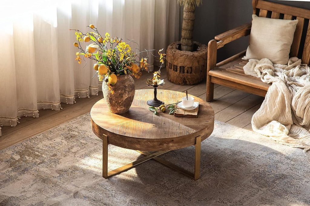 Round Wood Coffee Table with Gold Metal Legs Z869090