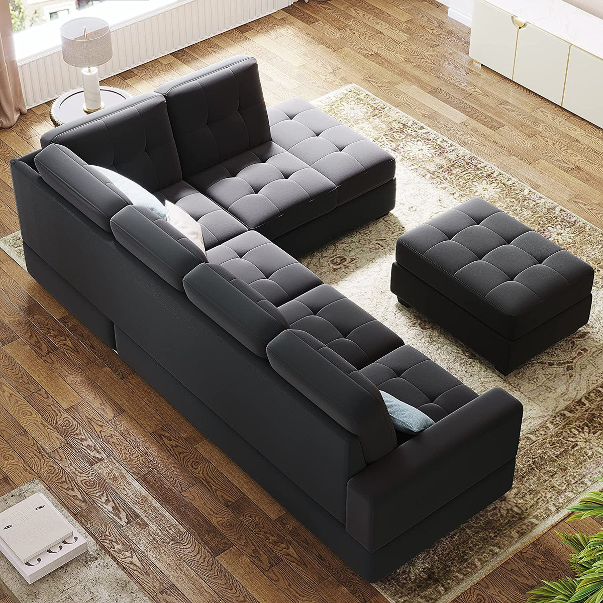 Modern Sectional Sofa with Reversible Chaise, L Shaped Couch Set with Storage Ottoman and Two Cup Holders Z938