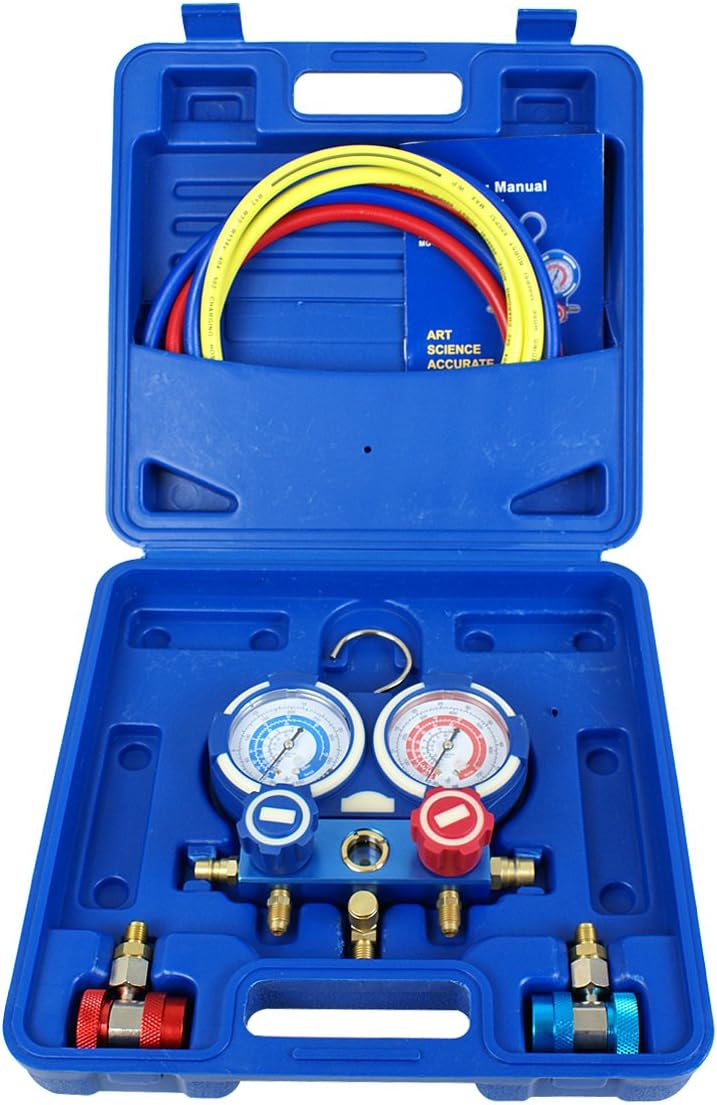 A/C Manifold Gauge Set R134a Refrigeration Kit Brass 4FT w/Case, 1/4 SAE Fittings G335