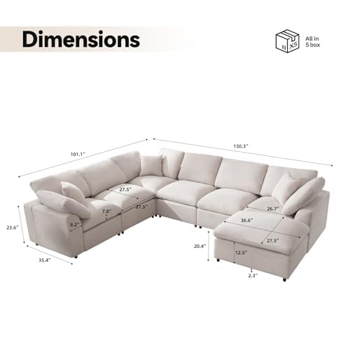 Cream Modular Sectional Sofa with Ottoman 7 Seater L-Shaped X8467