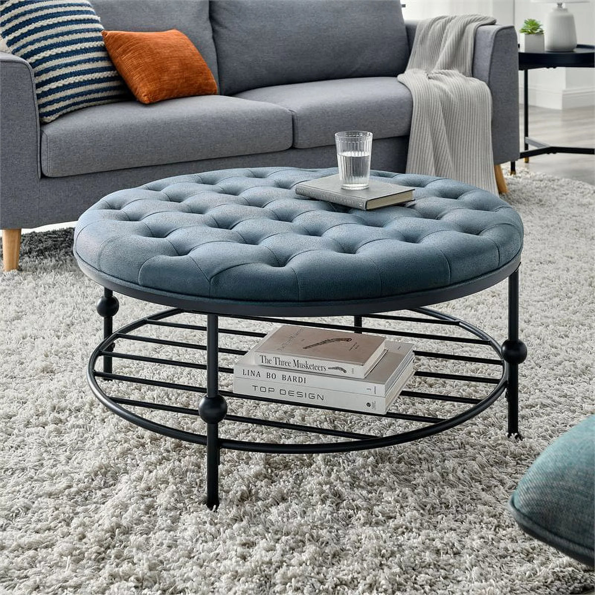 36" Round Faux Leather Tufted Cocktail Ottoman in Blue X905739