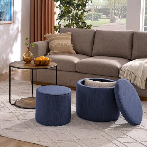 2 Pcs Linen Upholstered Storage Ottoman and Coffee Table Set X24932